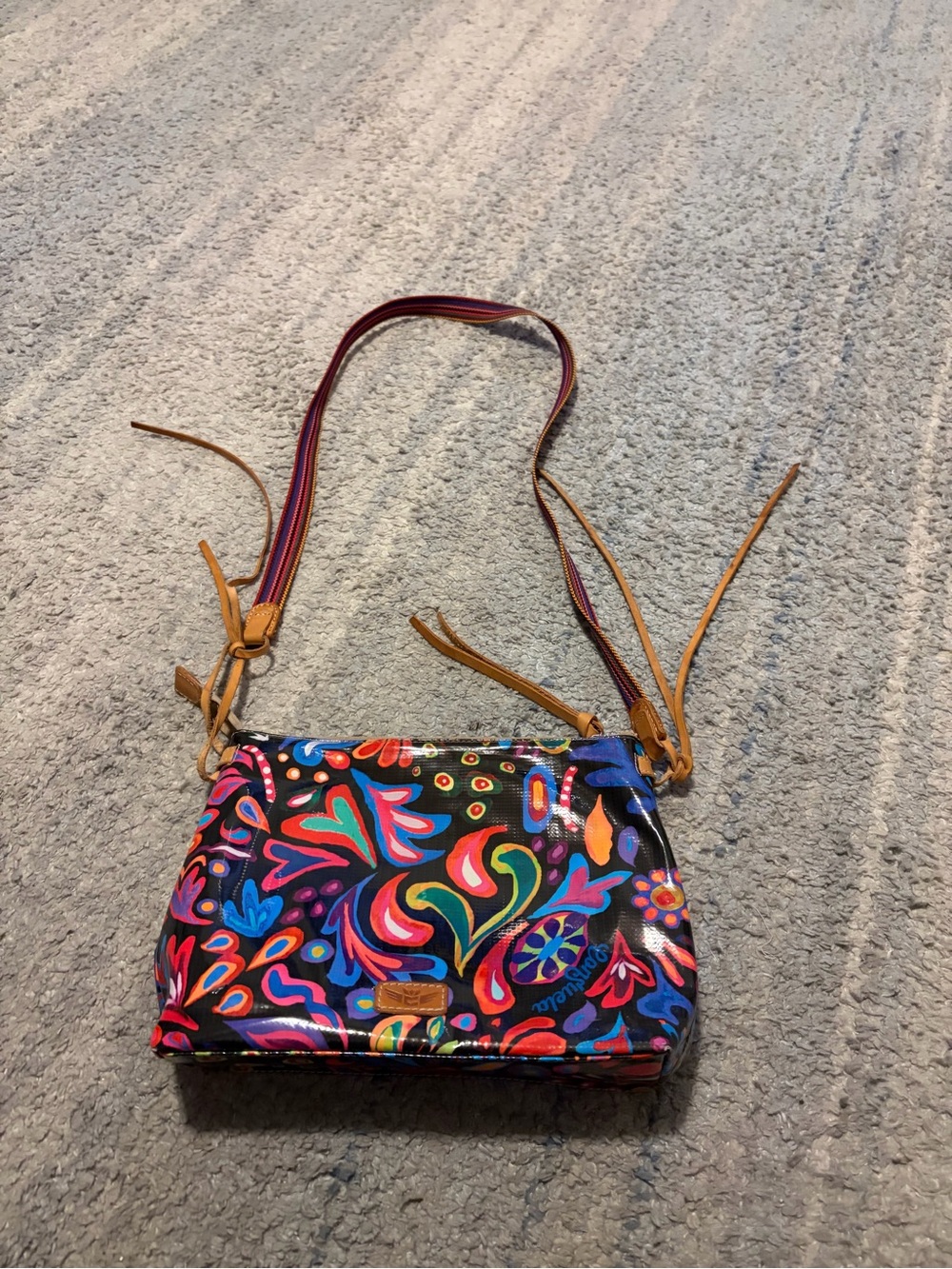 Consuela Abstract Print Crossbody Bag Colorful Leather Trim Glitter Pocket Purse
